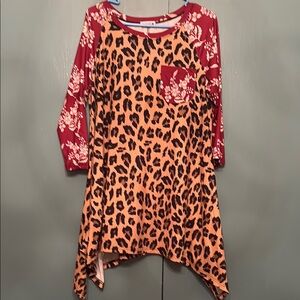 Nuggles Leopard Print women’s shirt with Red Floral Accents